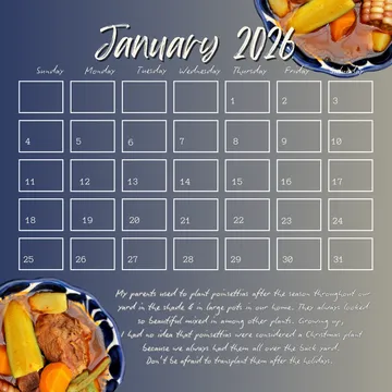 January 2026 calendar page from Davila Homemaking Cooking Calendar showing month layout with recipe photo